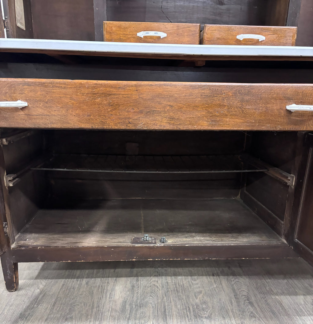 Antique Hoosier Style Farmhouse Cabinet with Glass Doors and Enamel Worktop