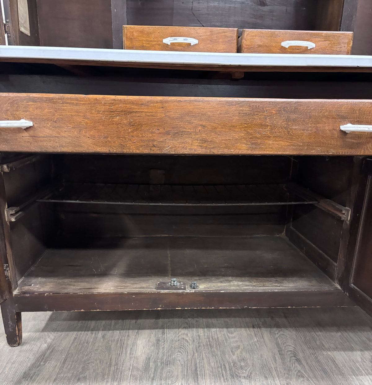 Antique Hoosier Style Farmhouse Cabinet with Glass Doors and Enamel Worktop