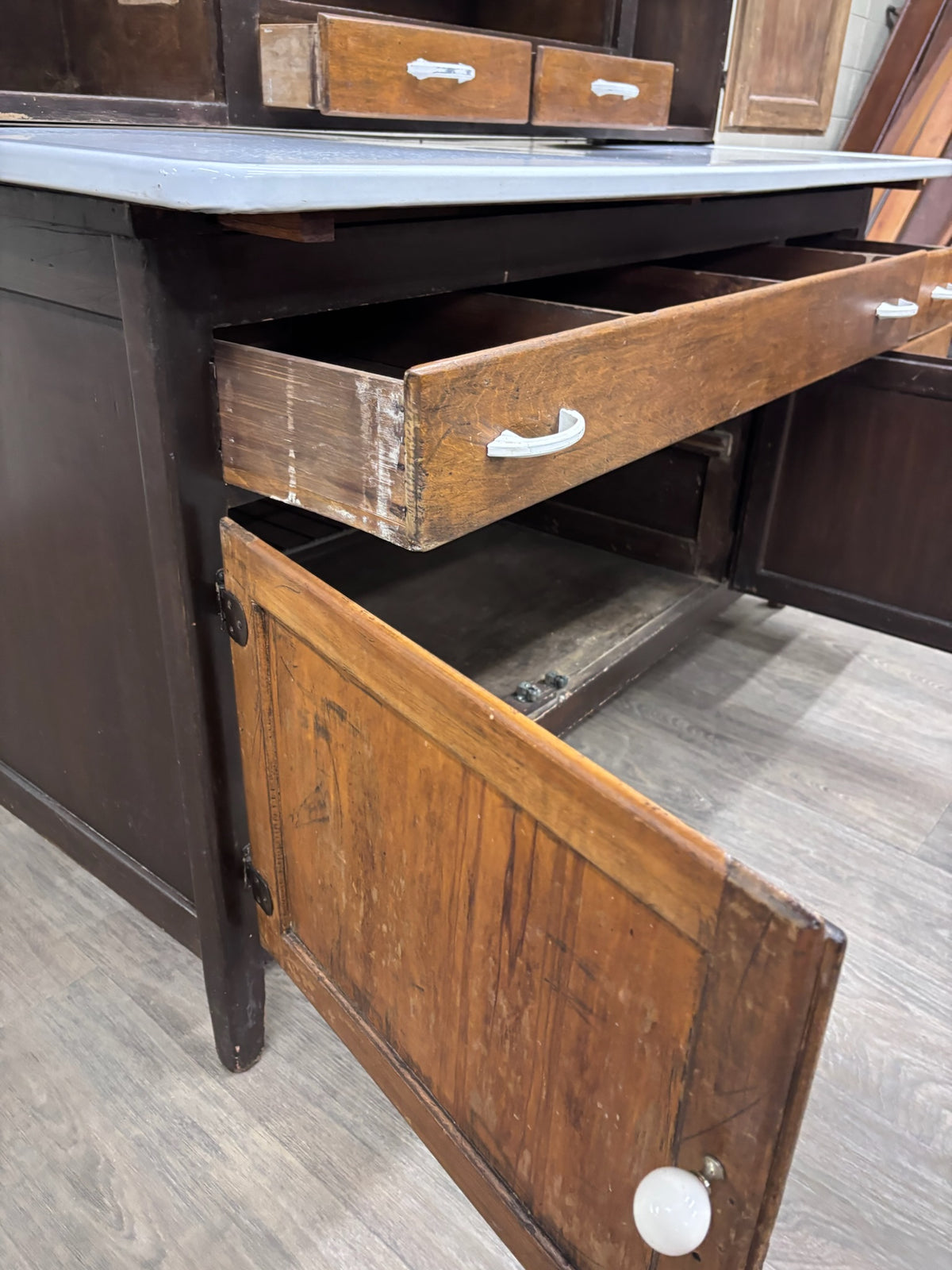 Antique Hoosier Style Farmhouse Cabinet with Glass Doors and Enamel Worktop
