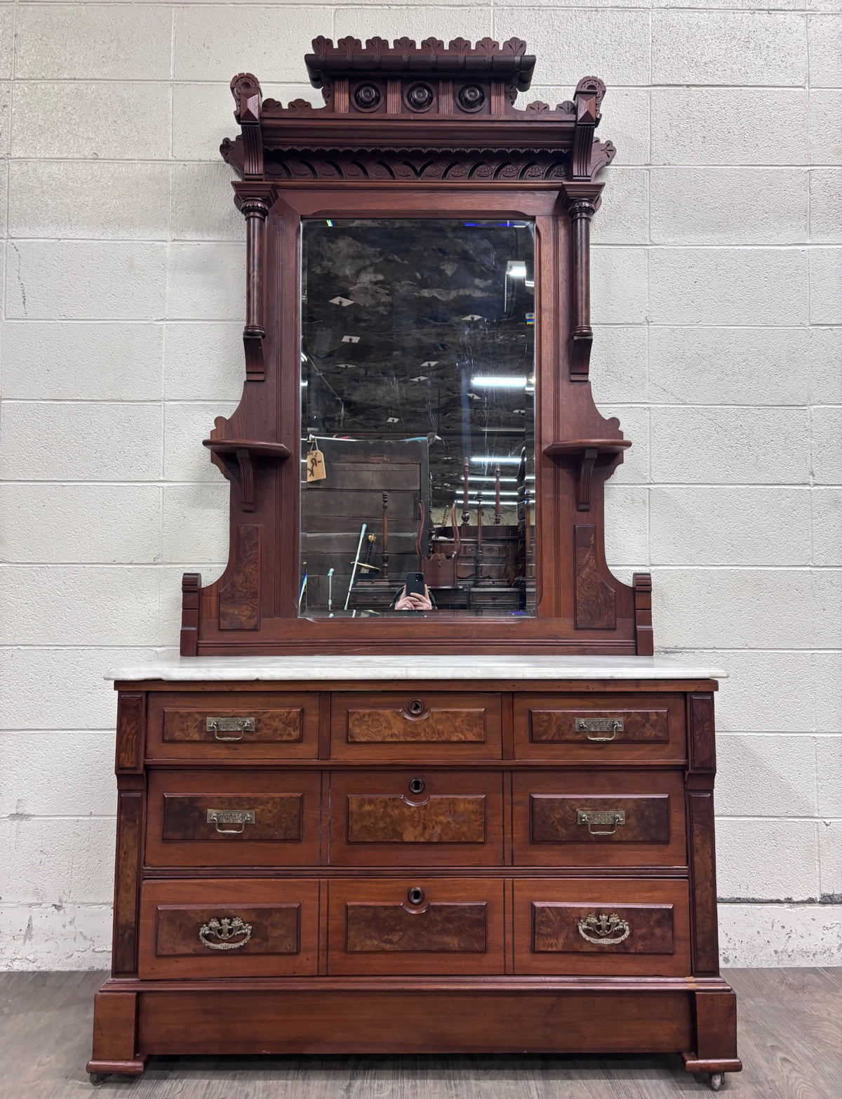 Antique Late 1800s Victorian Eastlake Marble Top Walnut Dresser