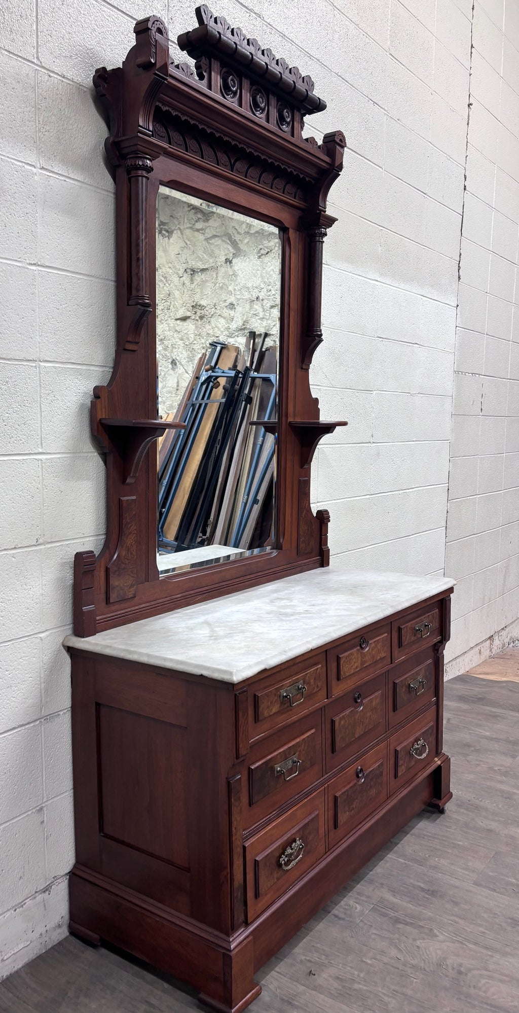 Antique Late 1800s Victorian Eastlake Marble Top Walnut Dresser