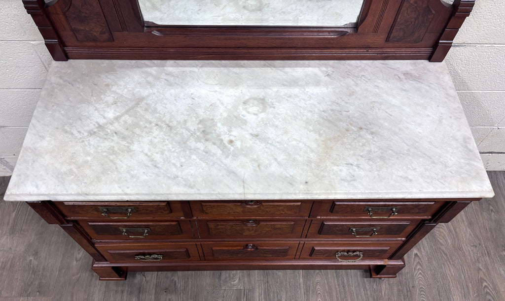 Antique Late 1800s Victorian Eastlake Marble Top Walnut Dresser
