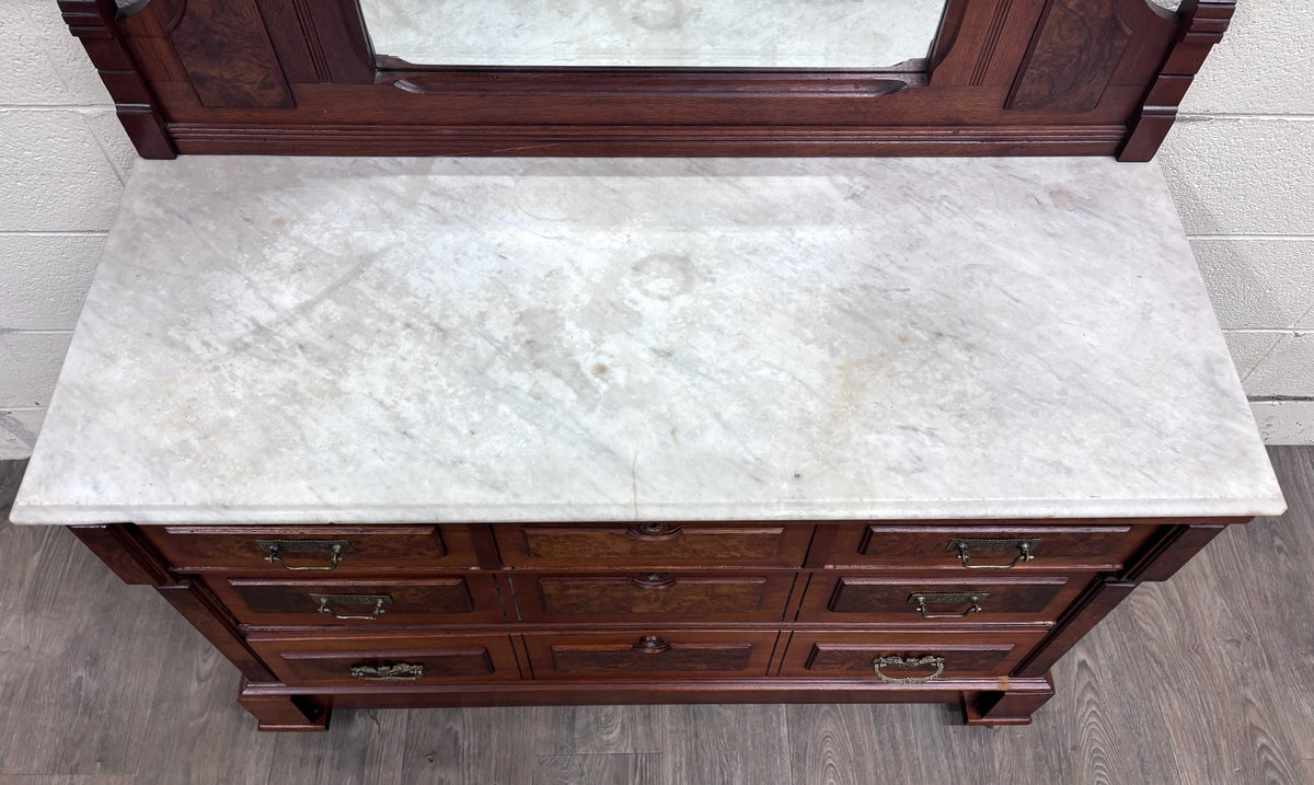 Antique Late 1800s Victorian Eastlake Marble Top Walnut Dresser