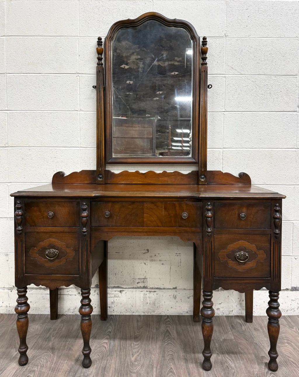 Antique Art Nouveau Walnut Vanity with Adjustable Mirror