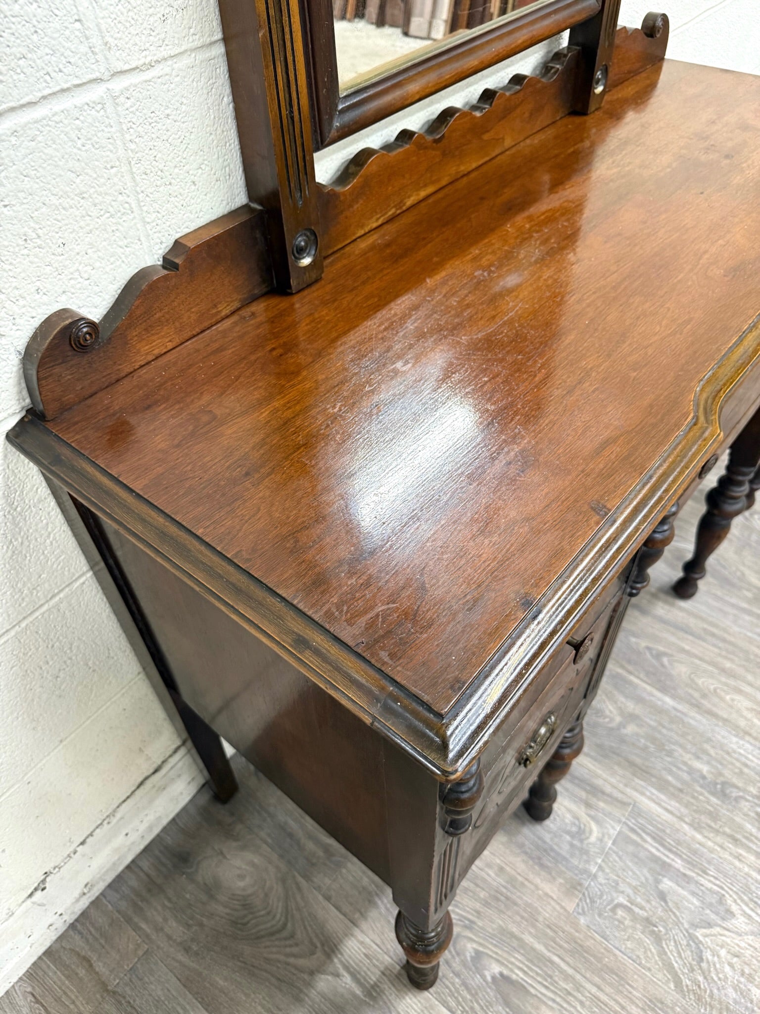 Antique Art Nouveau Walnut Vanity with Adjustable Mirror