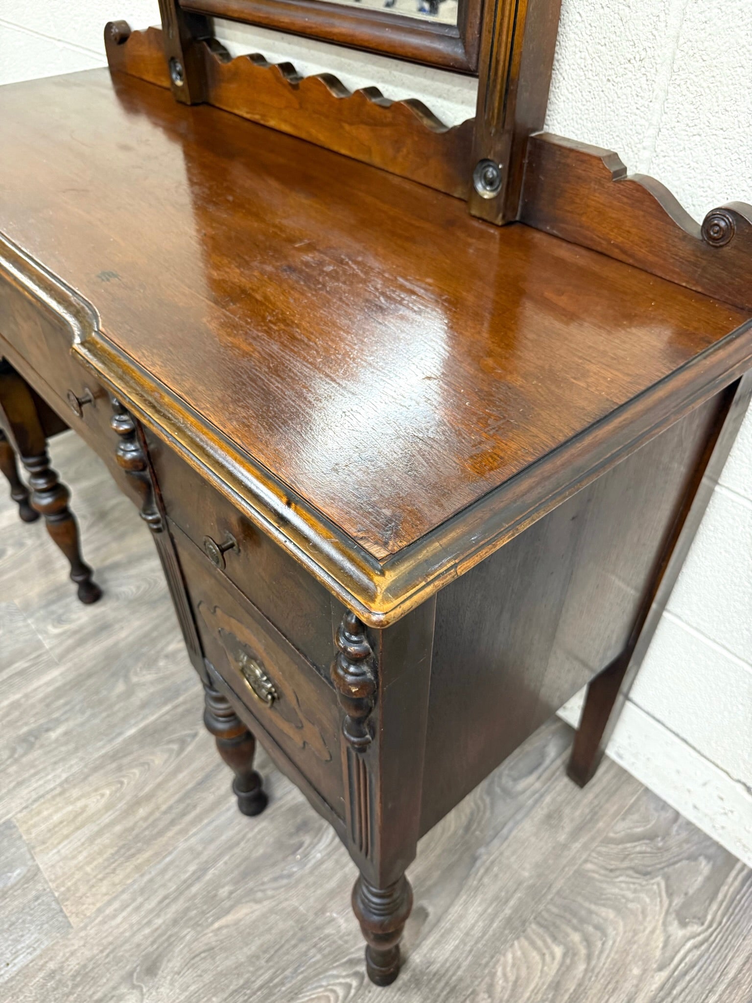 Antique Art Nouveau Walnut Vanity with Adjustable Mirror