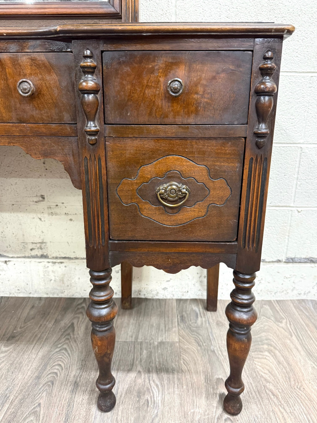 Antique Art Nouveau Walnut Vanity with Adjustable Mirror