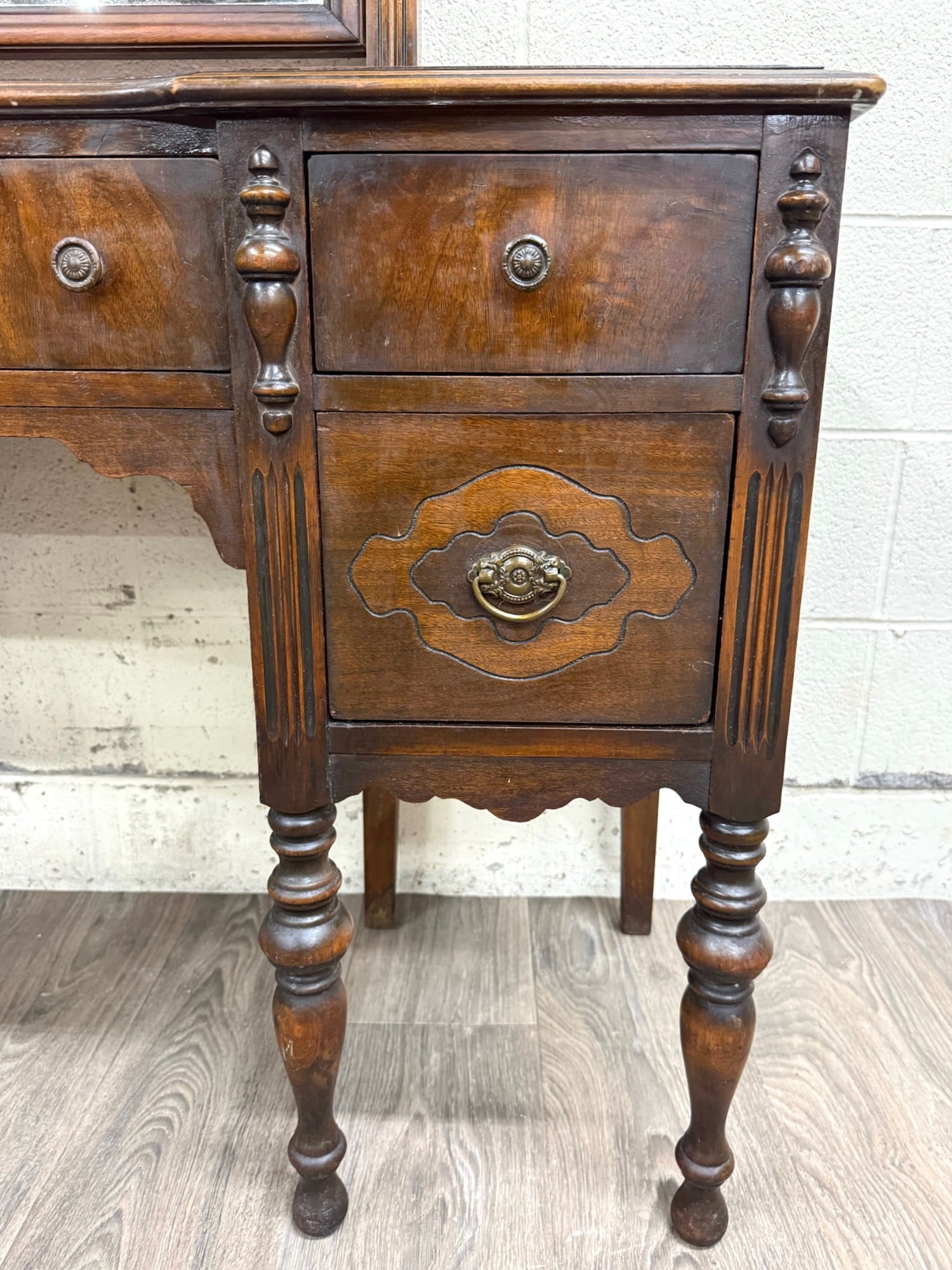 Antique Art Nouveau Walnut Vanity with Adjustable Mirror