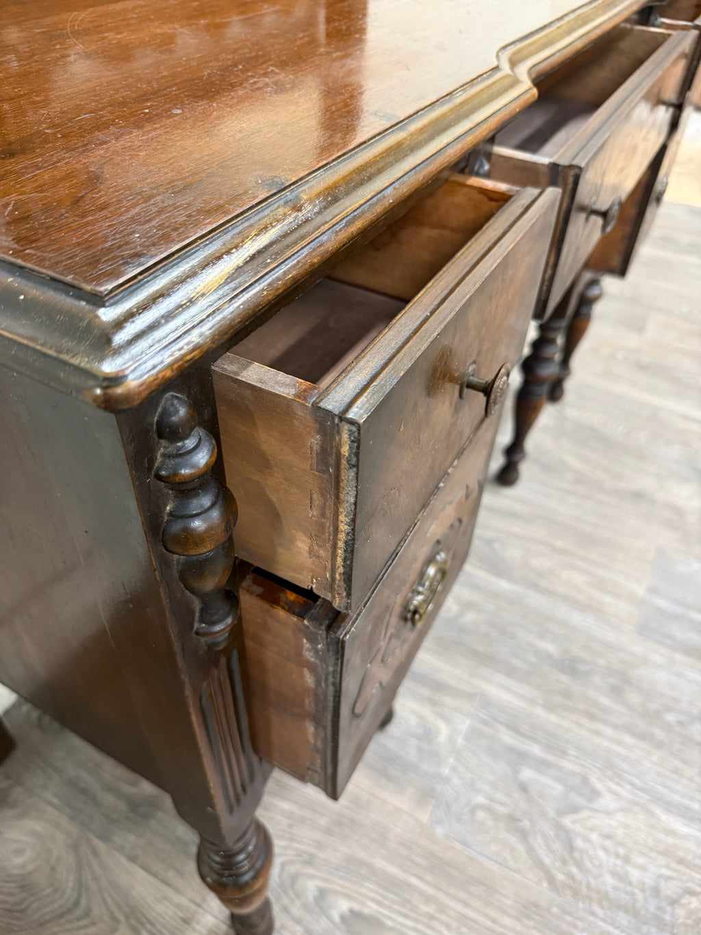 Antique Art Nouveau Walnut Vanity with Adjustable Mirror