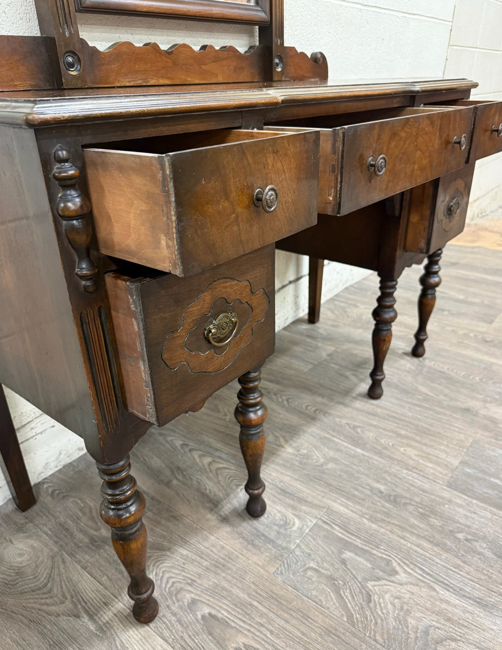 Antique Art Nouveau Walnut Vanity with Adjustable Mirror