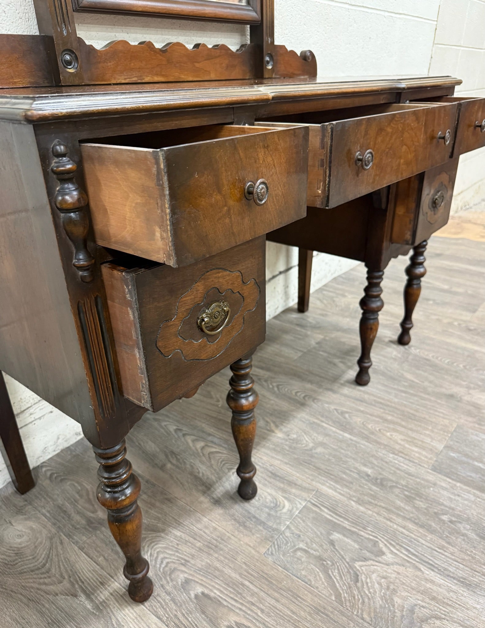 Antique Art Nouveau Walnut Vanity with Adjustable Mirror