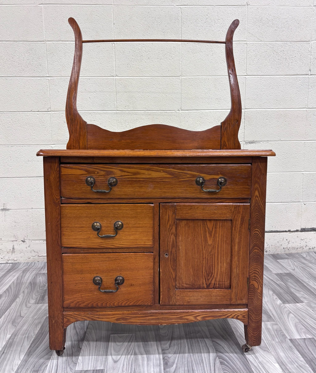 Antique Victorian Oak Washstand with Storage and Towel Rack