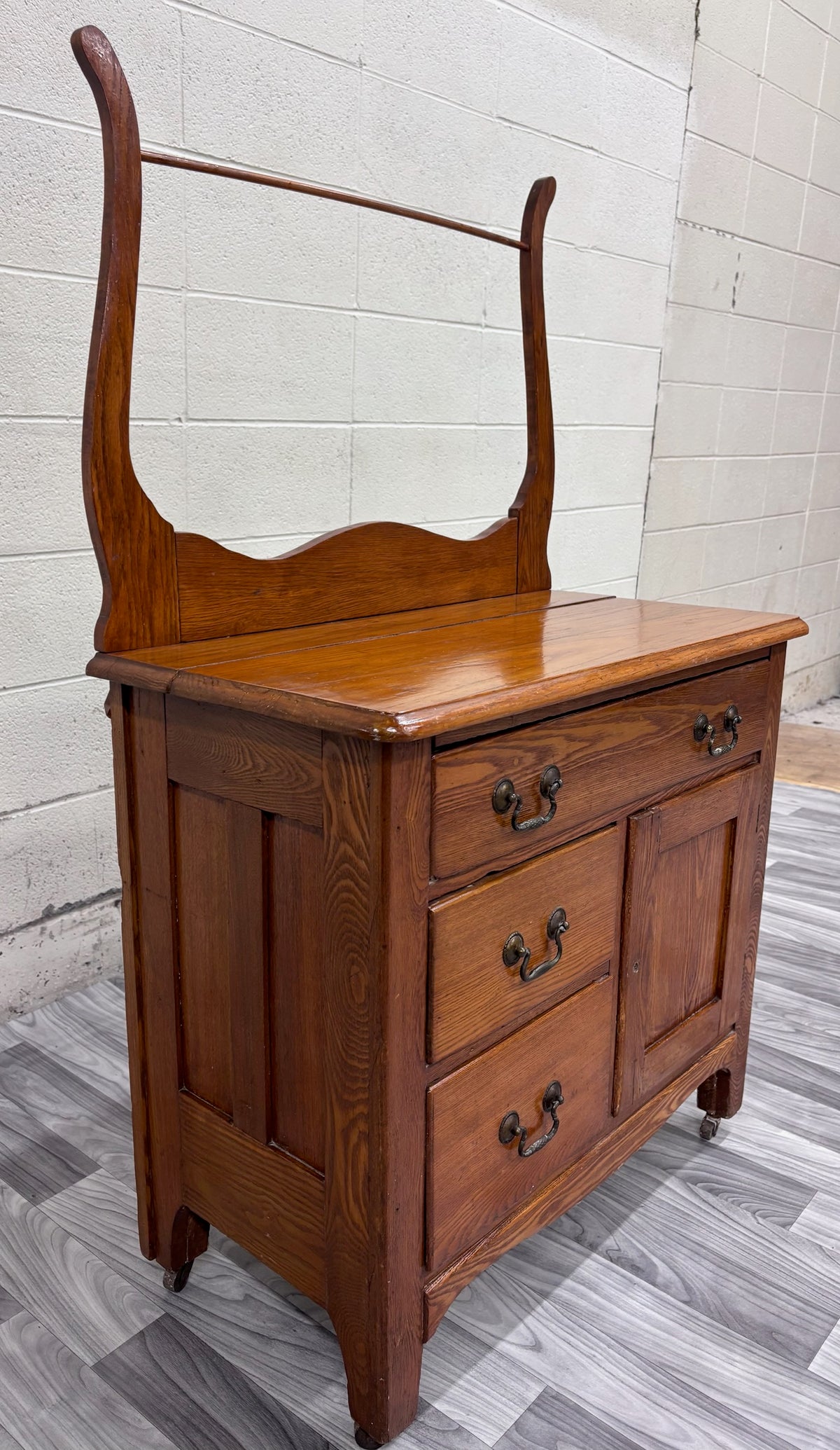 Antique Victorian Oak Washstand with Storage and Towel Rack