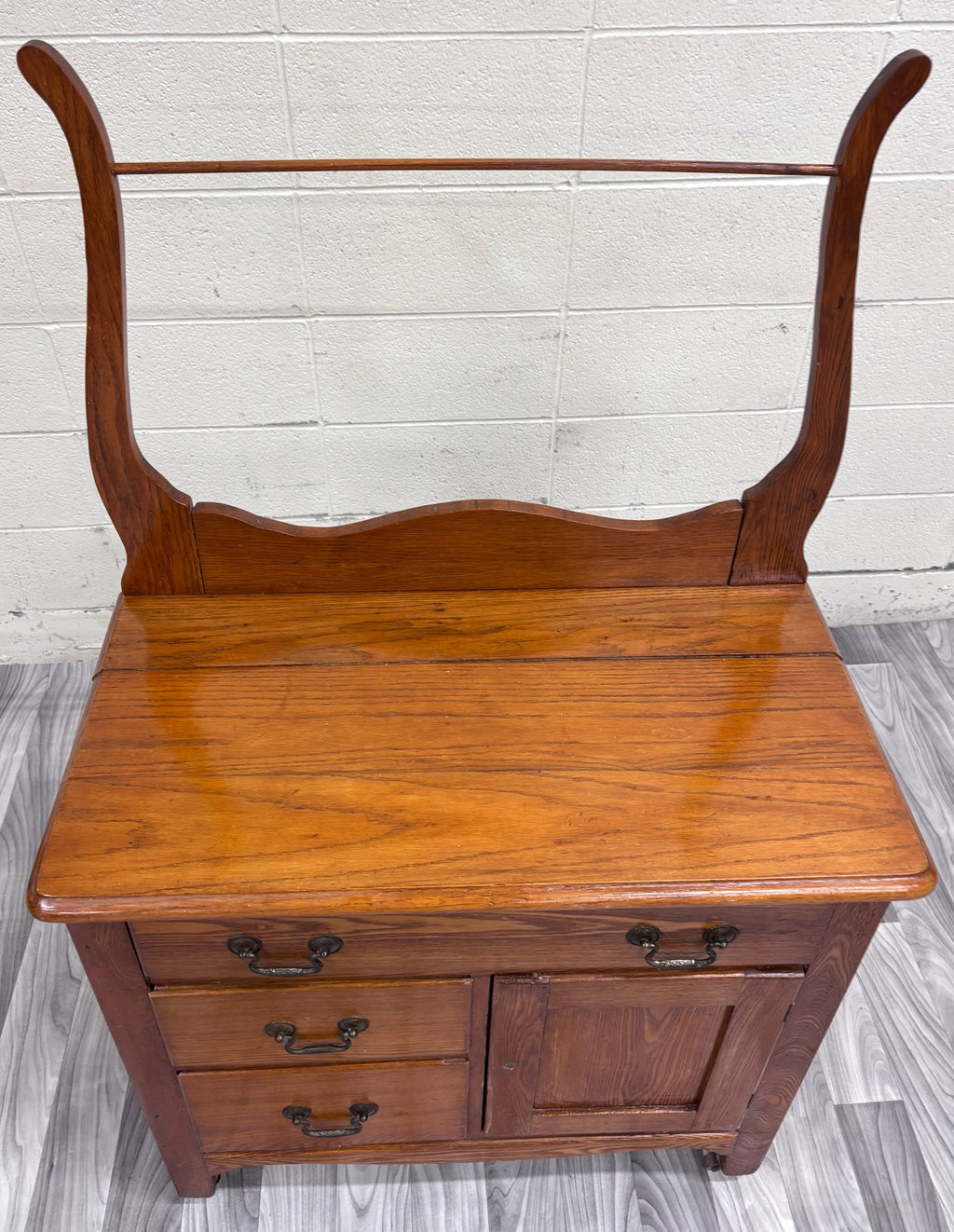 Antique Victorian Oak Washstand with Storage and Towel Rack
