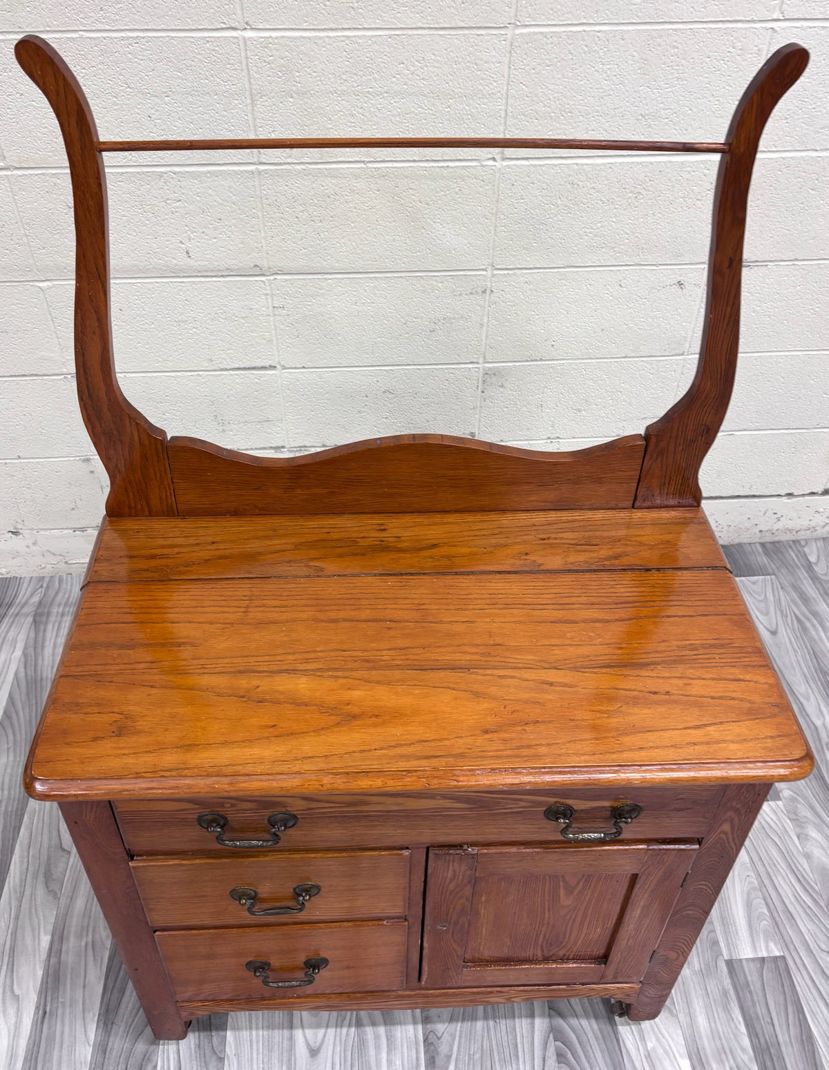 Antique Victorian Oak Washstand with Storage and Towel Rack