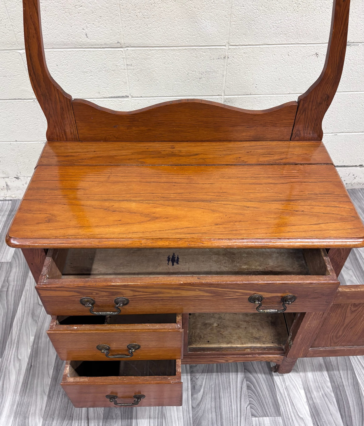Antique Victorian Oak Washstand with Storage and Towel Rack