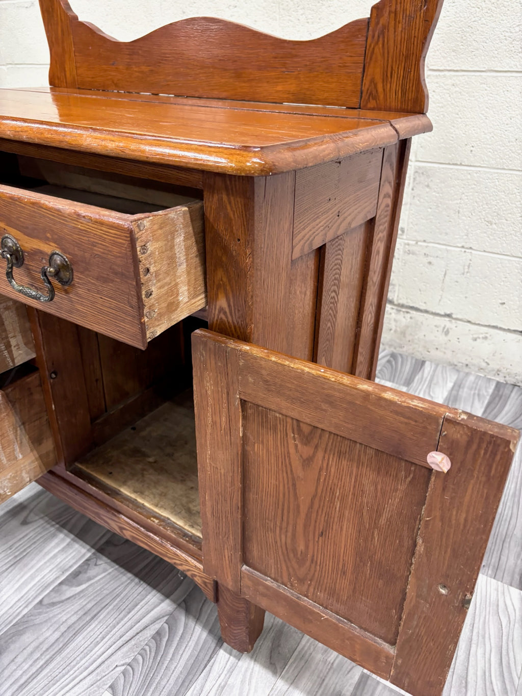 Antique Victorian Oak Washstand with Storage and Towel Rack