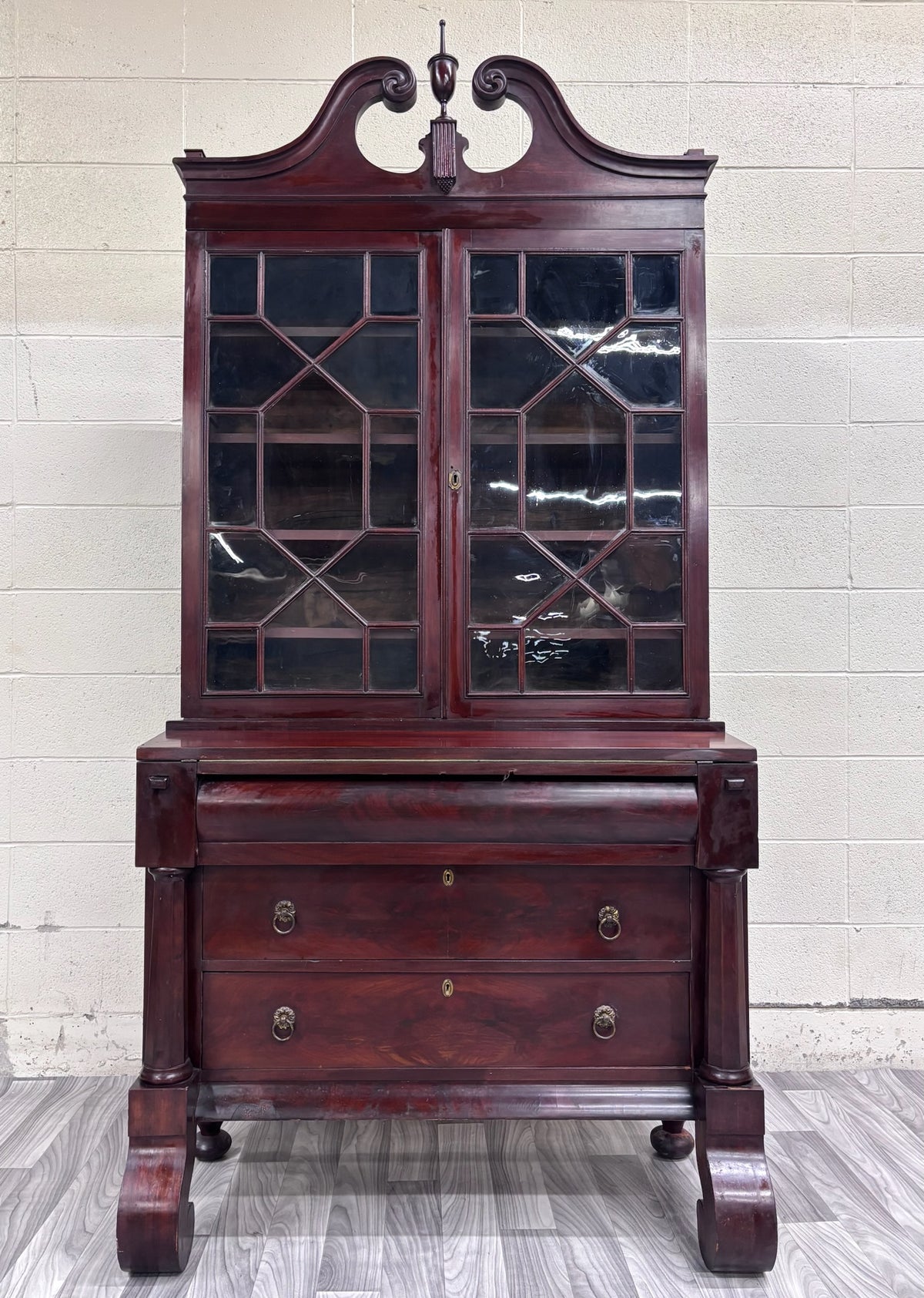 Antique Empire Flame Mahogany Secretary Desk and Bookcase
