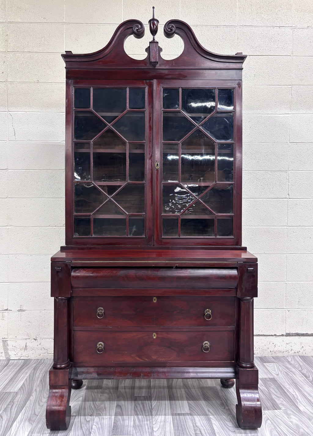 Antique Empire Flame Mahogany Secretary Desk and Bookcase