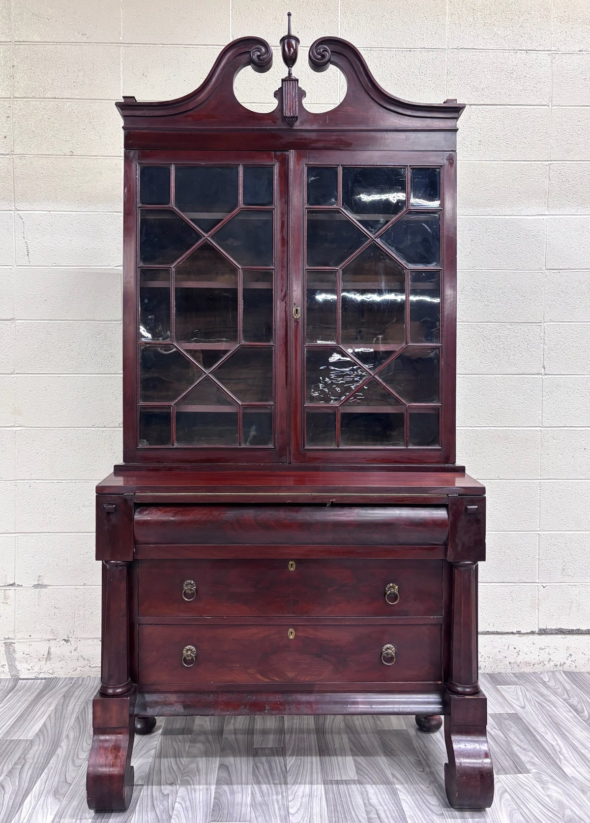 Antique Empire Flame Mahogany Secretary Desk and Bookcase