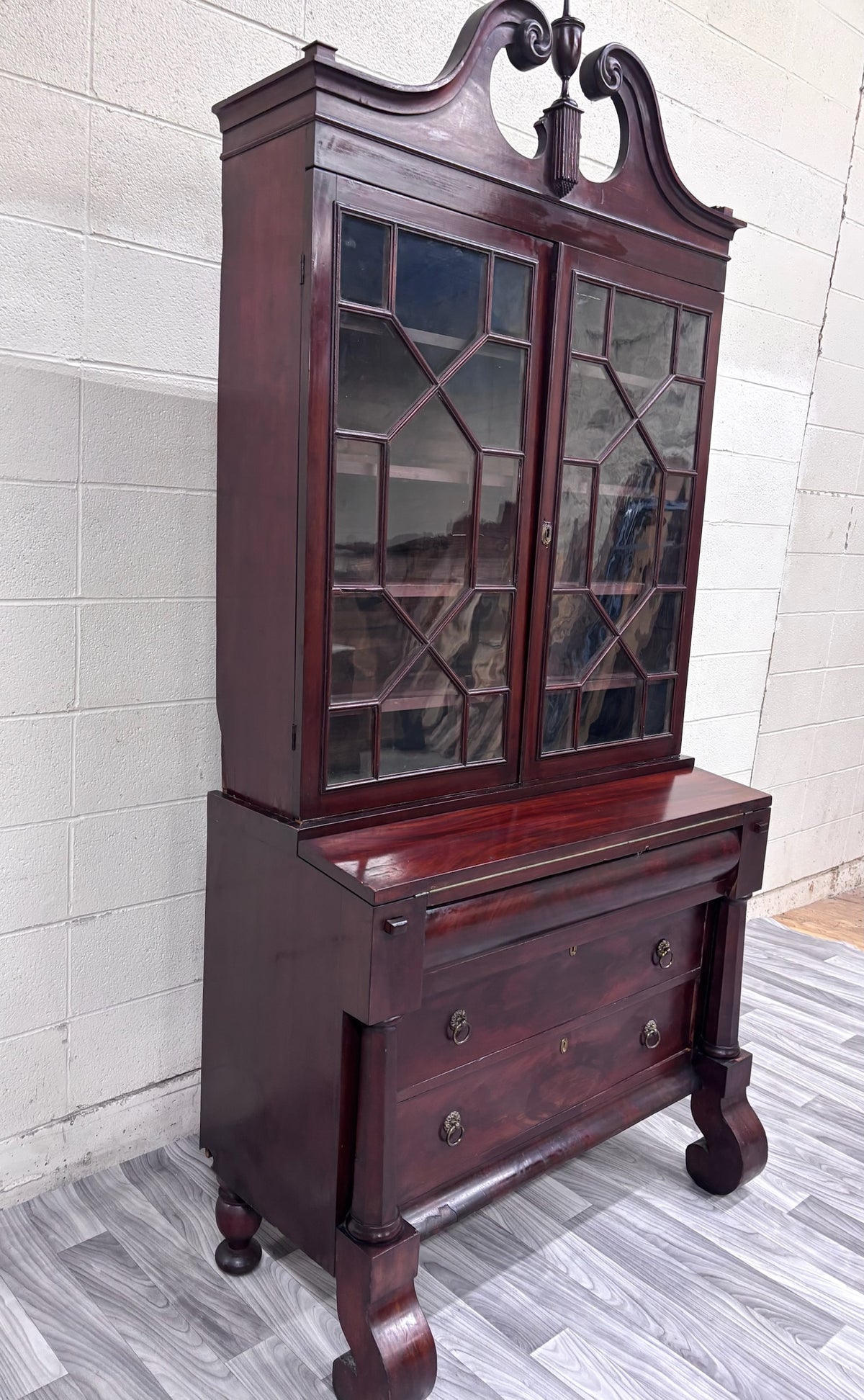 Antique Empire Flame Mahogany Secretary Desk and Bookcase