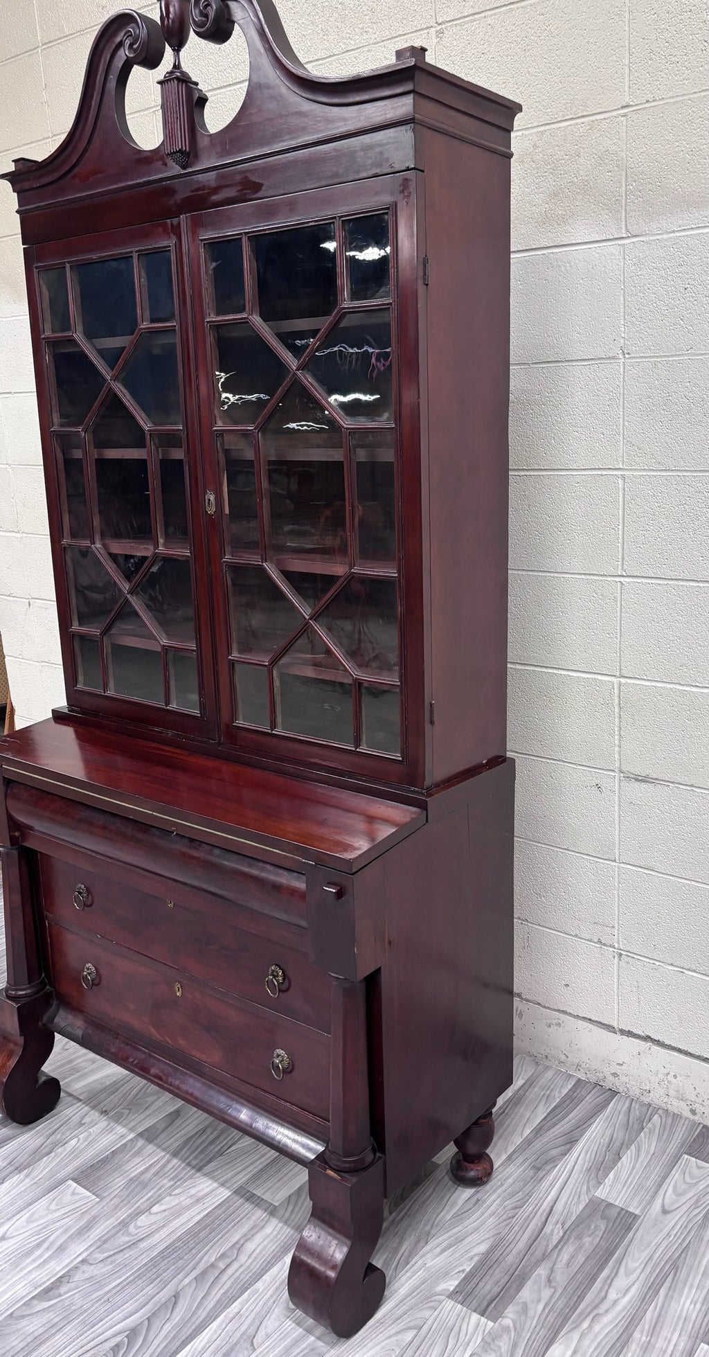 Antique Empire Flame Mahogany Secretary Desk and Bookcase