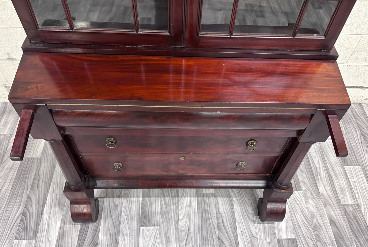 Antique Empire Flame Mahogany Secretary Desk and Bookcase
