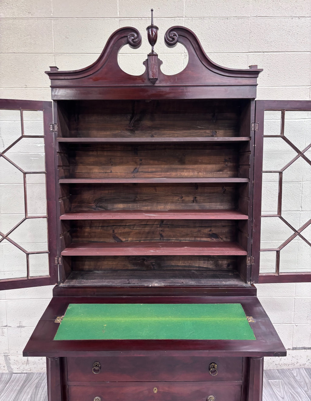 Antique Empire Flame Mahogany Secretary Desk and Bookcase