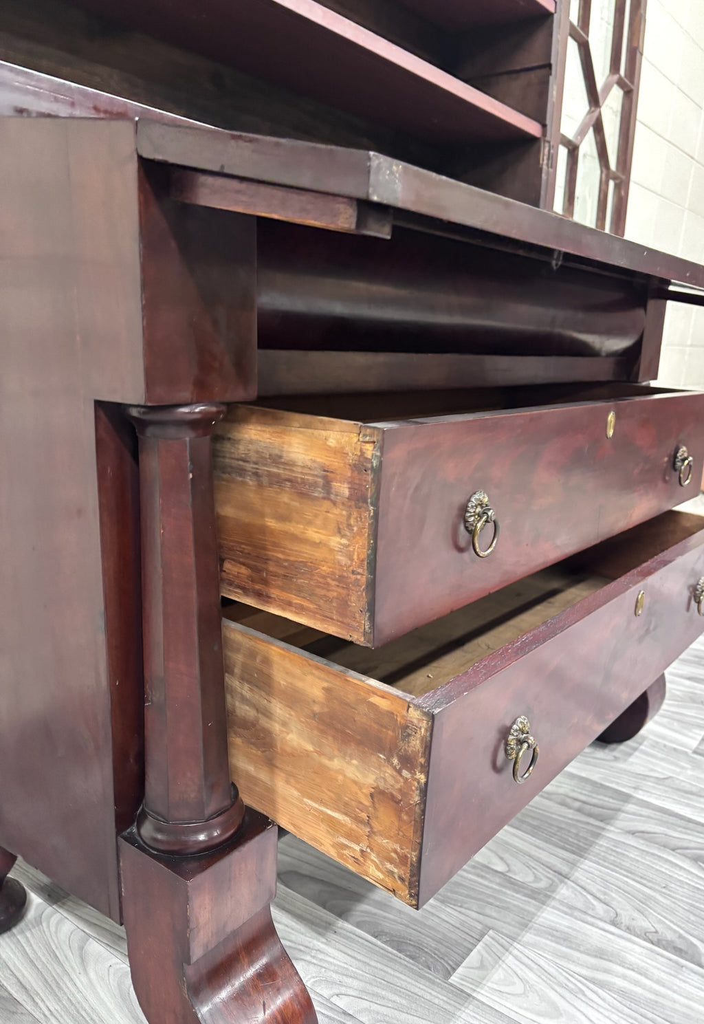 Antique Empire Flame Mahogany Secretary Desk and Bookcase