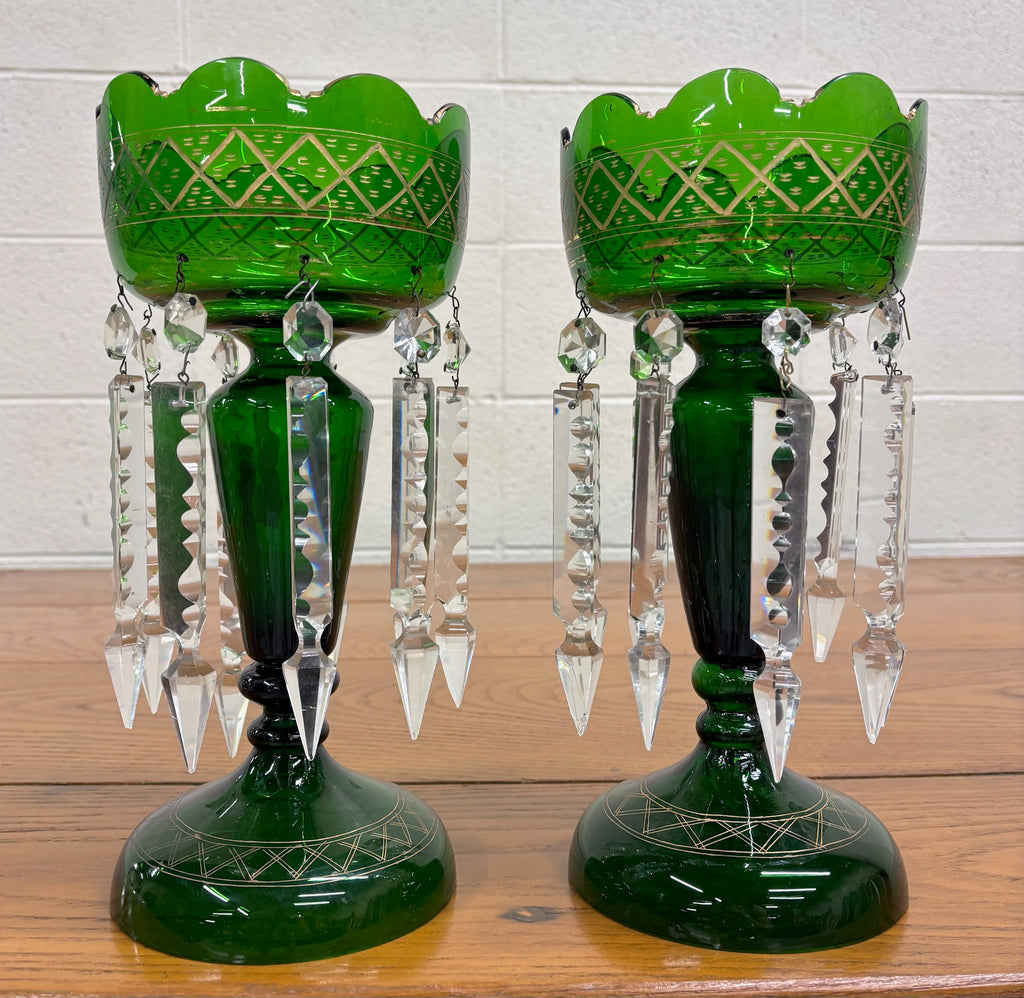 Antique c 1880-1900 Victorian Bohemian Emerald Green Glass Mantle Lustres - Pair