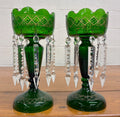 Antique c 1880-1900 Victorian Bohemian Emerald Green Glass Mantle Lustres - Pair