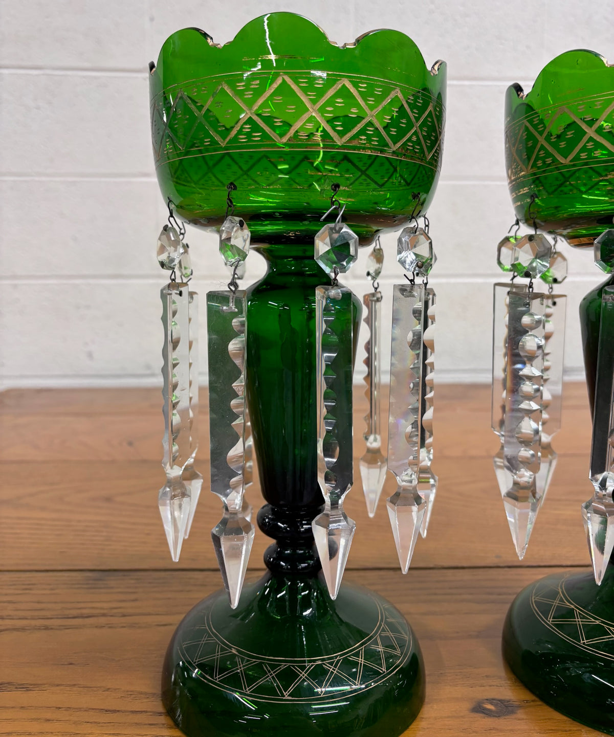 Antique c 1880-1900 Victorian Bohemian Emerald Green Glass Mantle Lustres - Pair