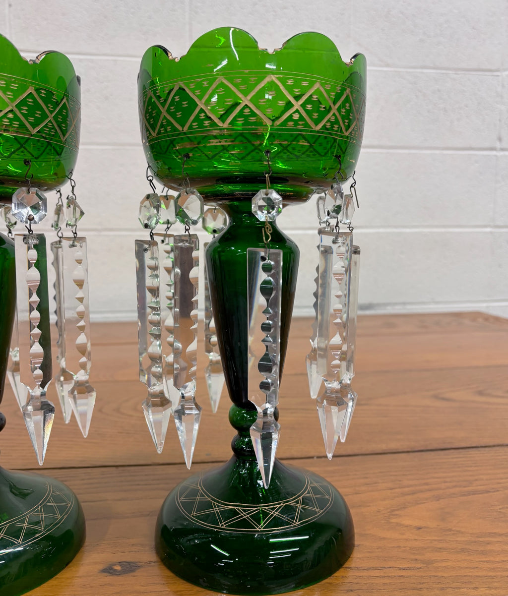 Antique c 1880-1900 Victorian Bohemian Emerald Green Glass Mantle Lustres - Pair