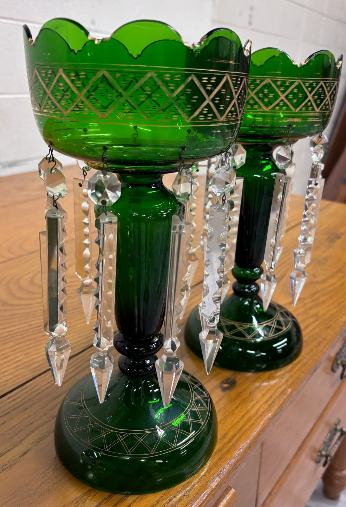 Antique c 1880-1900 Victorian Bohemian Emerald Green Glass Mantle Lustres - Pair