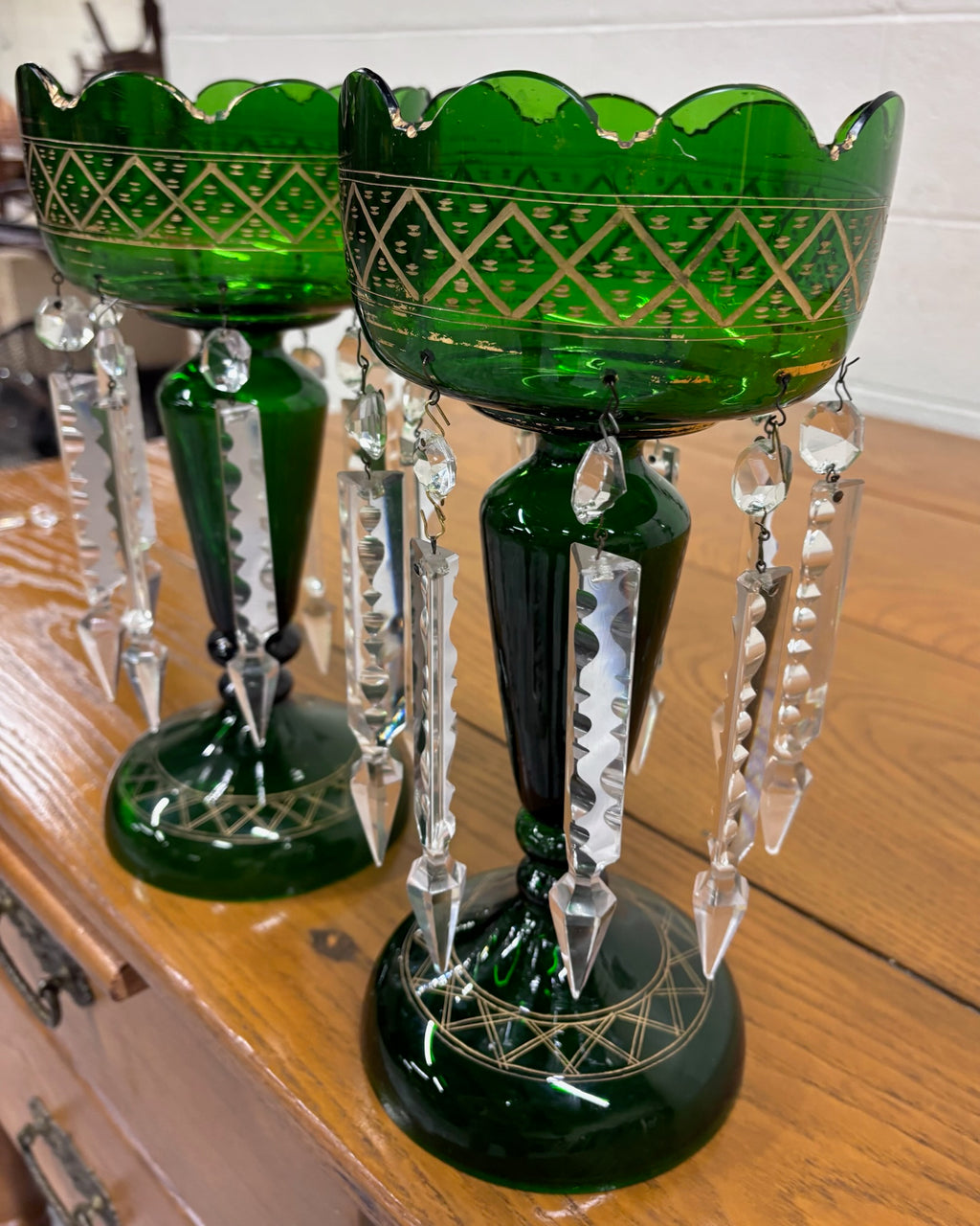 Antique c 1880-1900 Victorian Bohemian Emerald Green Glass Mantle Lustres - Pair
