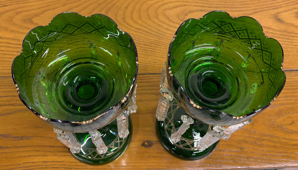Antique c 1880-1900 Victorian Bohemian Emerald Green Glass Mantle Lustres - Pair
