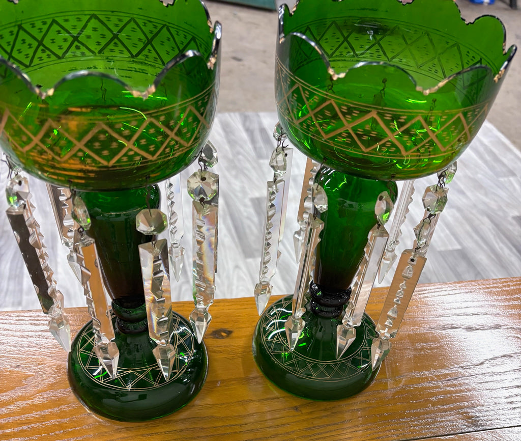 Antique c 1880-1900 Victorian Bohemian Emerald Green Glass Mantle Lustres - Pair
