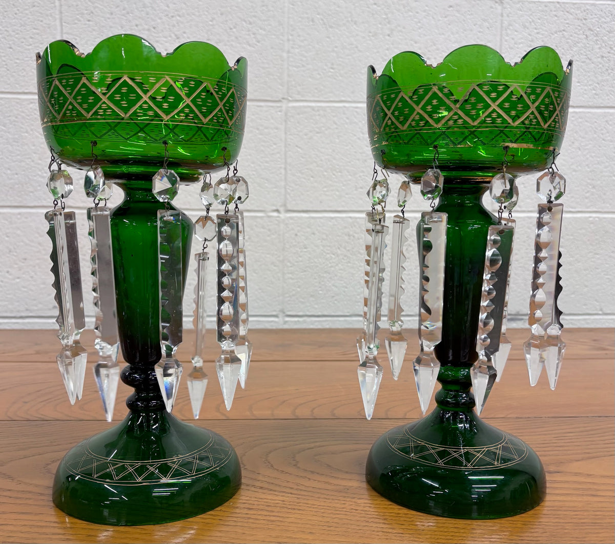Antique c 1880-1900 Victorian Bohemian Emerald Green Glass Mantle Lustres - Pair