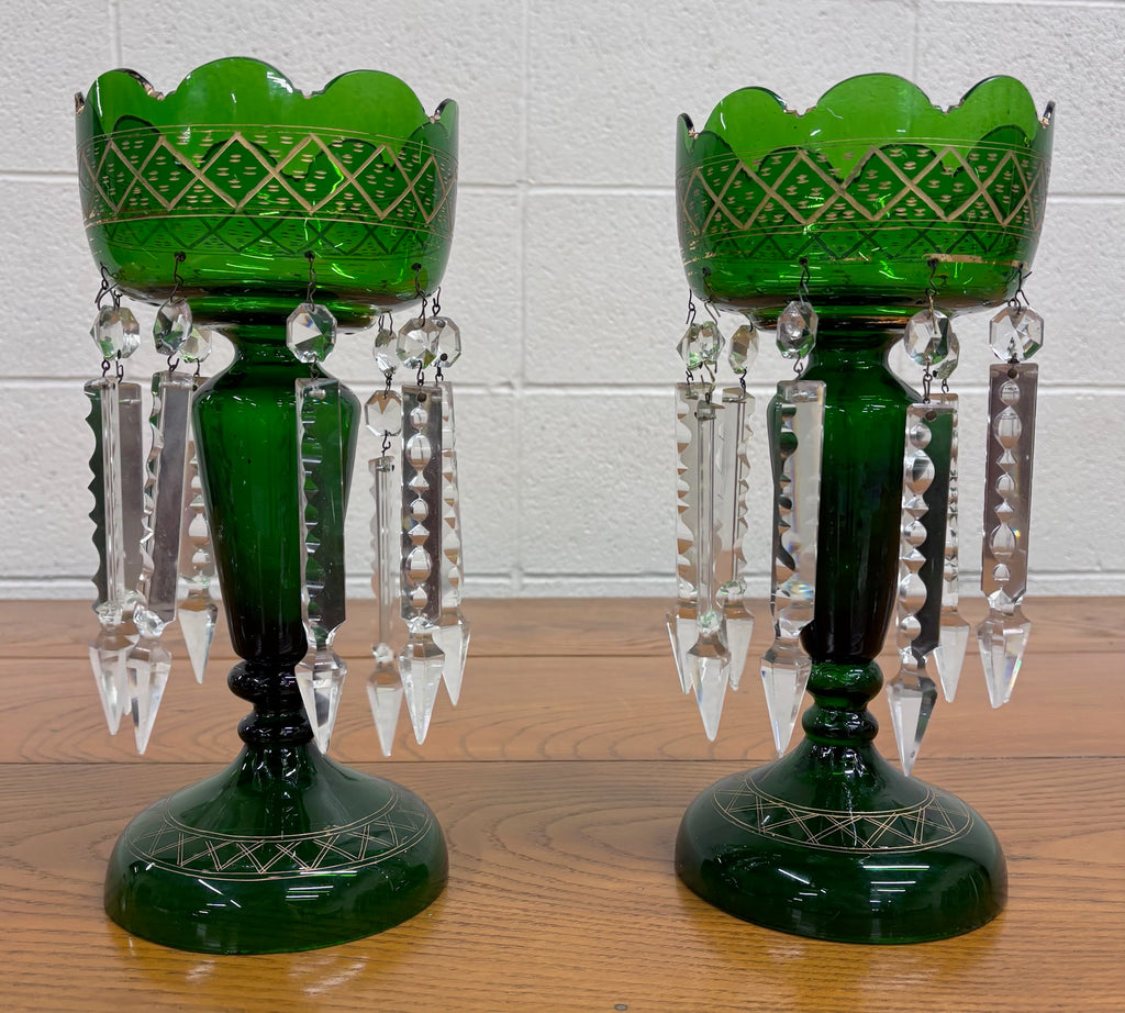 Antique c 1880-1900 Victorian Bohemian Emerald Green Glass Mantle Lustres - Pair