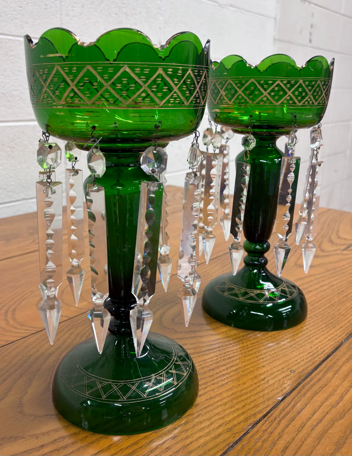 Antique c 1880-1900 Victorian Bohemian Emerald Green Glass Mantle Lustres - Pair