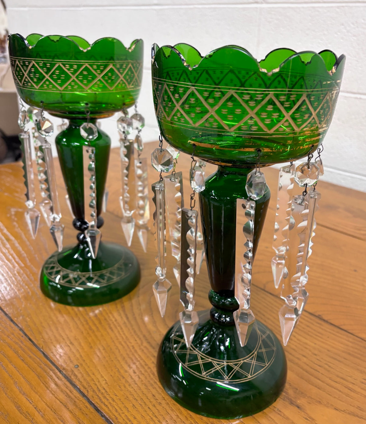 Antique c 1880-1900 Victorian Bohemian Emerald Green Glass Mantle Lustres - Pair