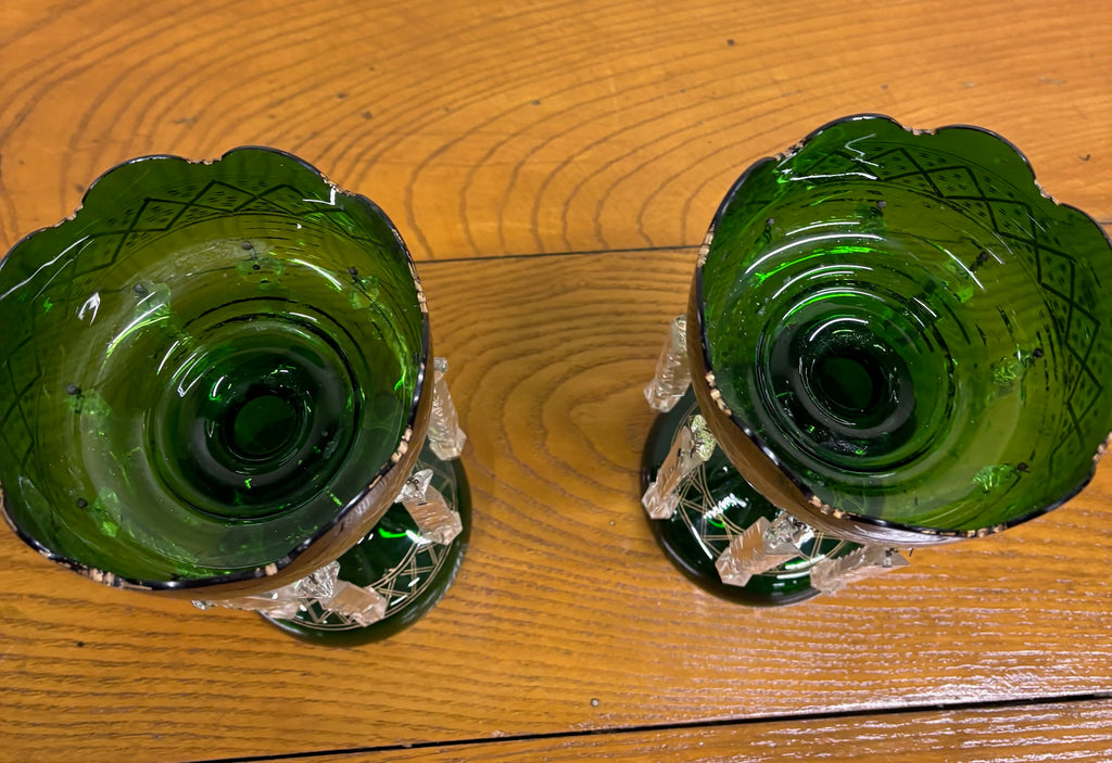 Antique c 1880-1900 Victorian Bohemian Emerald Green Glass Mantle Lustres - Pair