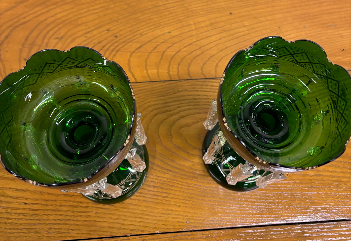 Antique c 1880-1900 Victorian Bohemian Emerald Green Glass Mantle Lustres - Pair