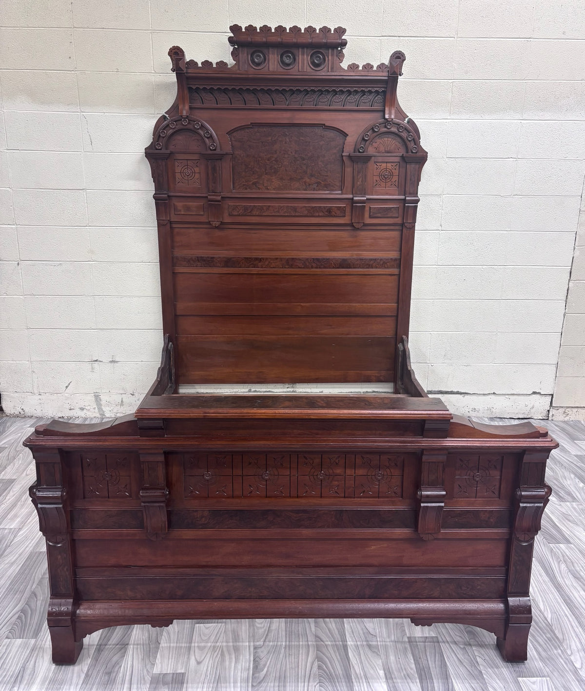 Antique Full Size c 1870-1890 Victorian Eastlake Monumental High Back Walnut Bed