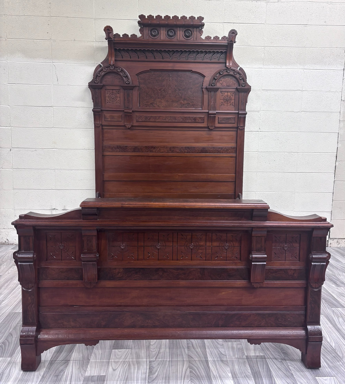 Antique Full Size c 1870-1890 Victorian Eastlake Monumental High Back Walnut Bed