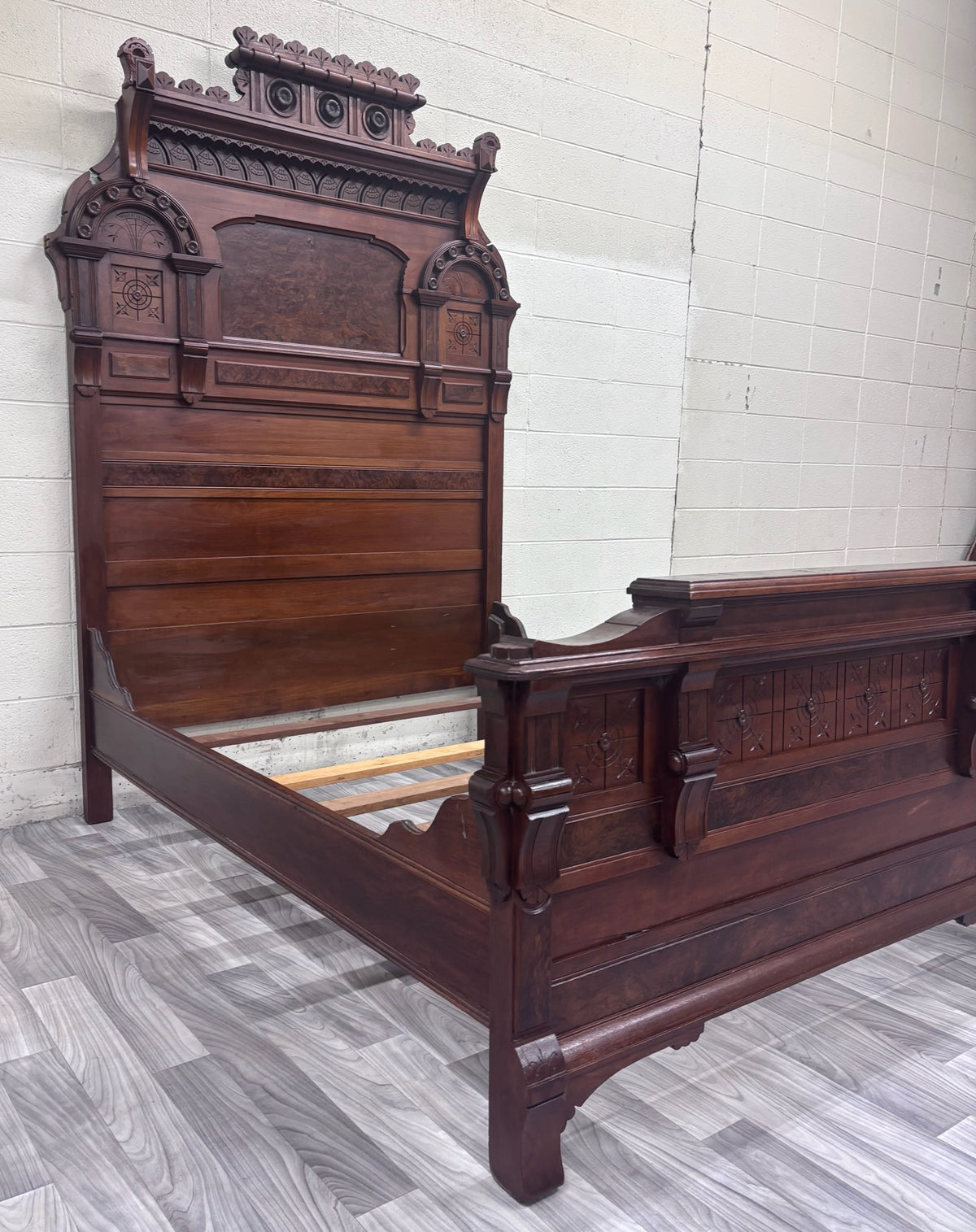 Antique Full Size c 1870-1890 Victorian Eastlake Monumental High Back Walnut Bed