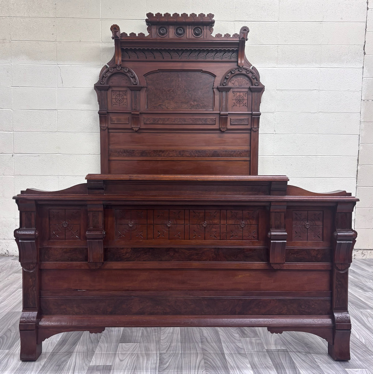 Antique Full Size c 1870-1890 Victorian Eastlake Monumental High Back Walnut Bed