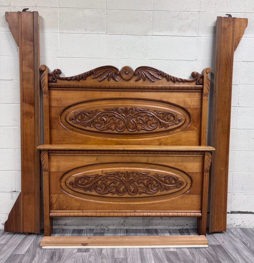 Antique Full Size Victorian Eastlake Carved Floral Acanthus Scrollwork Bed