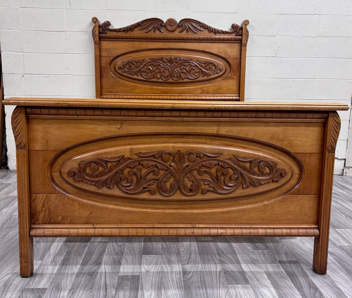 Antique Full Size Victorian Eastlake Carved Floral Acanthus Scrollwork Bed