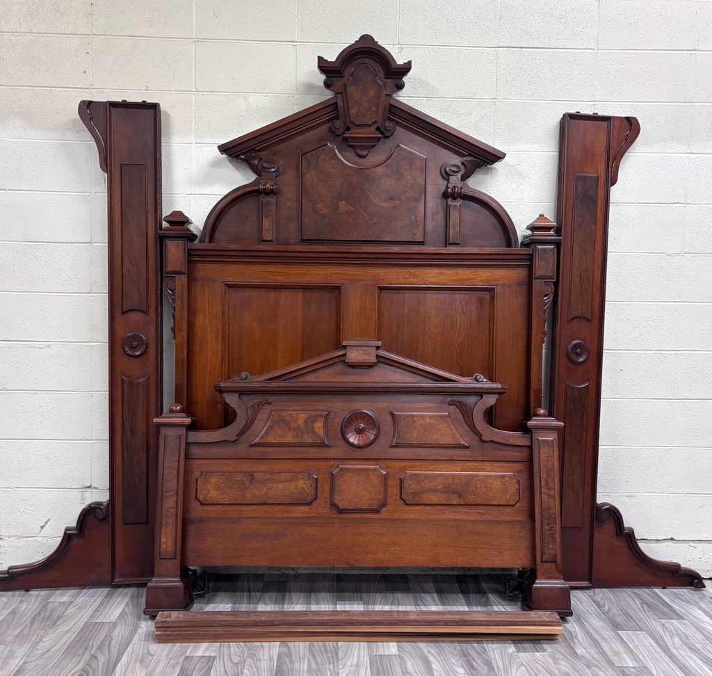 Antique Full Size Victorian Monumental Carved Walnut Burl Wood Bed